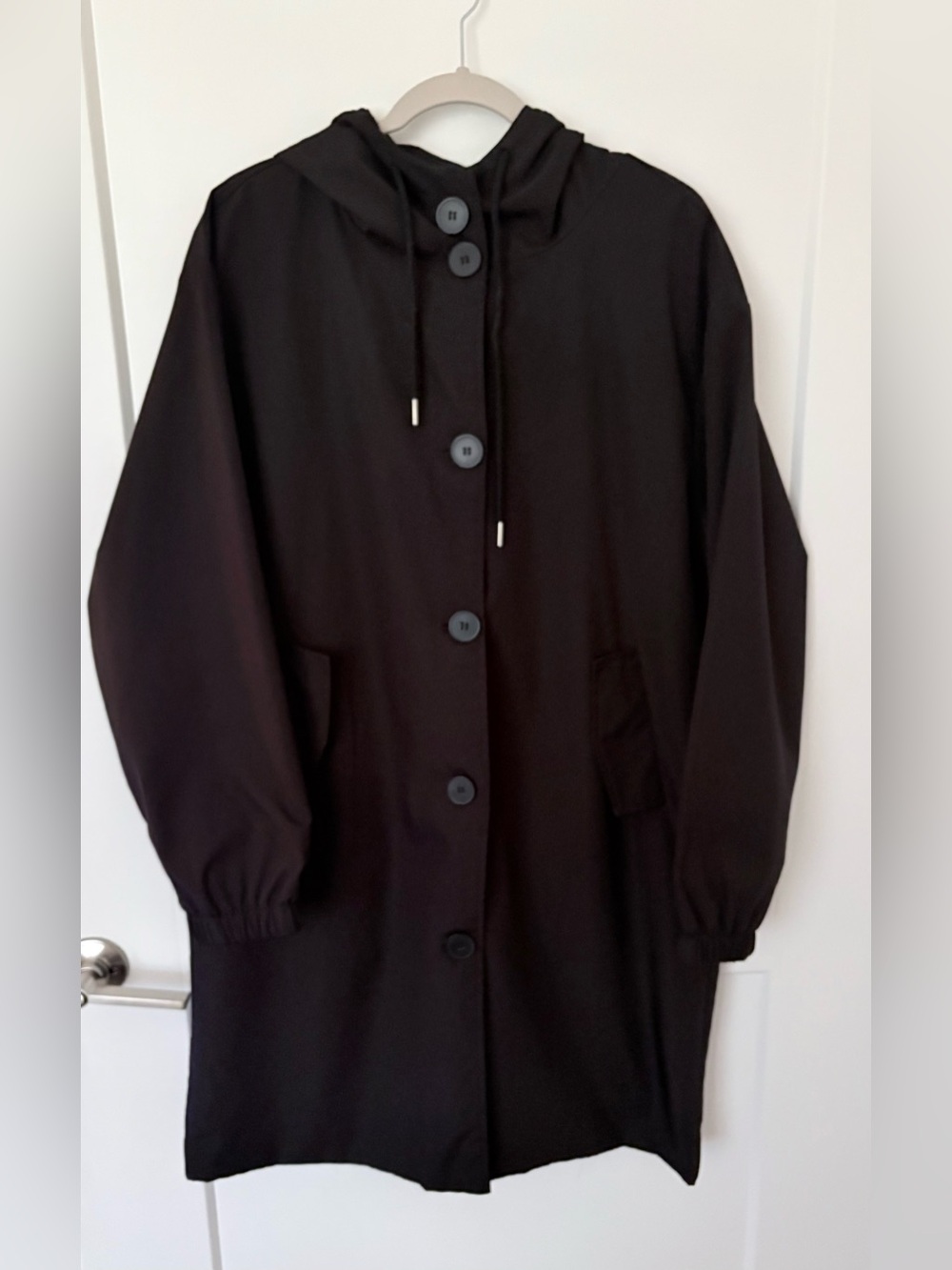 Women's Black Hooded Button-Front Trench Coat